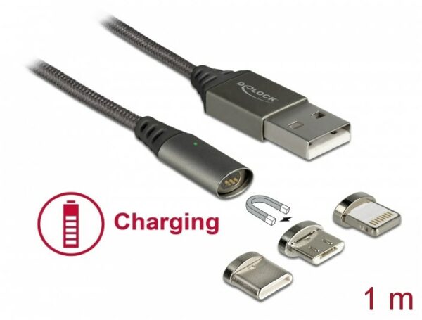 Delock USB > Micro/-C/Lightning Kabel (1m) magnetisch antharzit