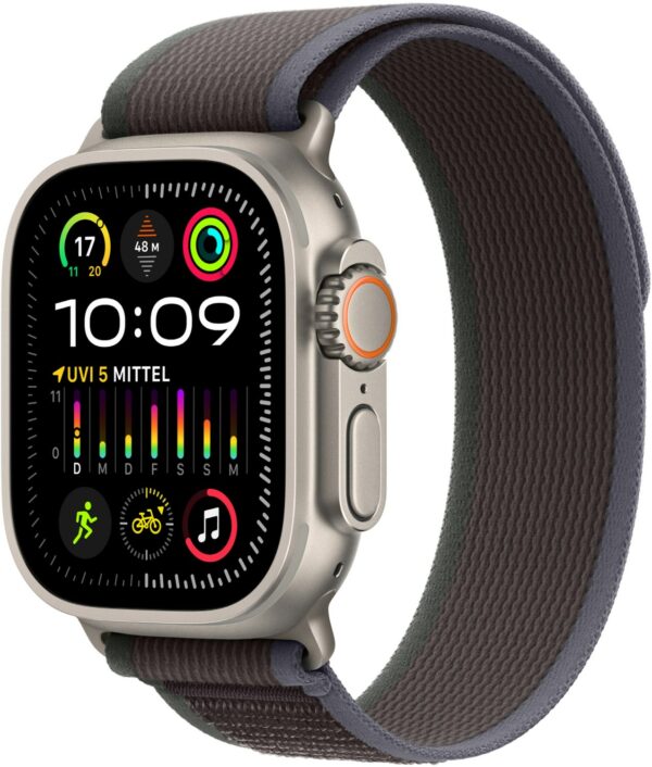 Apple Watch Ultra 2 (49mm) GPS+4G Smartwatch Titan mit Trail Loop Armband (M/L) titan/blau/schwarz