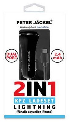 Peter Jäckel USB Car Charger Set 2in1 Dual Port Lightning schwarz