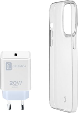 Cellular Line Schutzhülle und Ladegerät Kit für iPhone 14 transparent